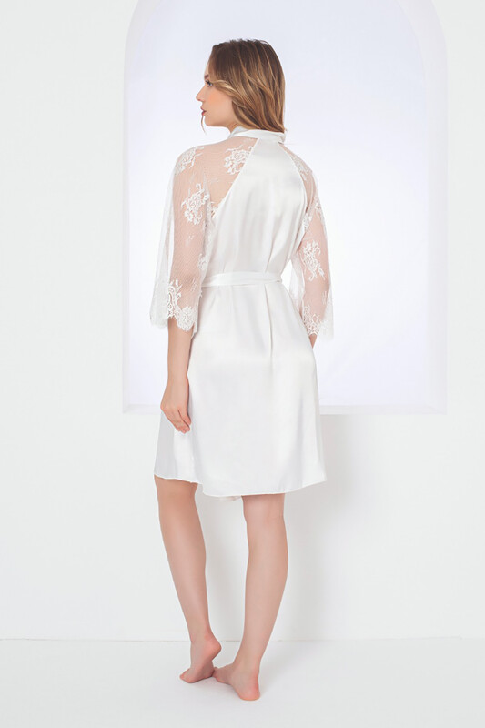 Ekru Gardenia Lacy Saten Tek Sabahlık - NBB