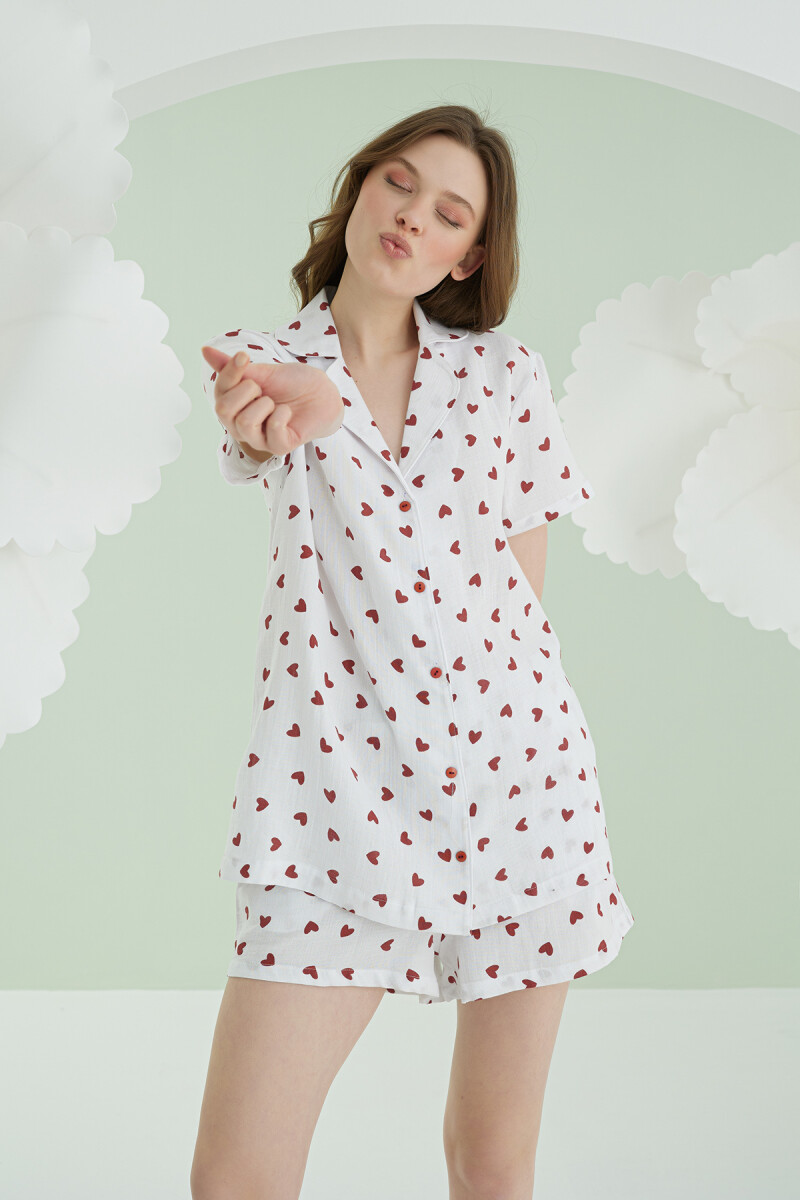 Ekru Kalpli Şortlu Önden Düğmeli Pijama Takımı - 1