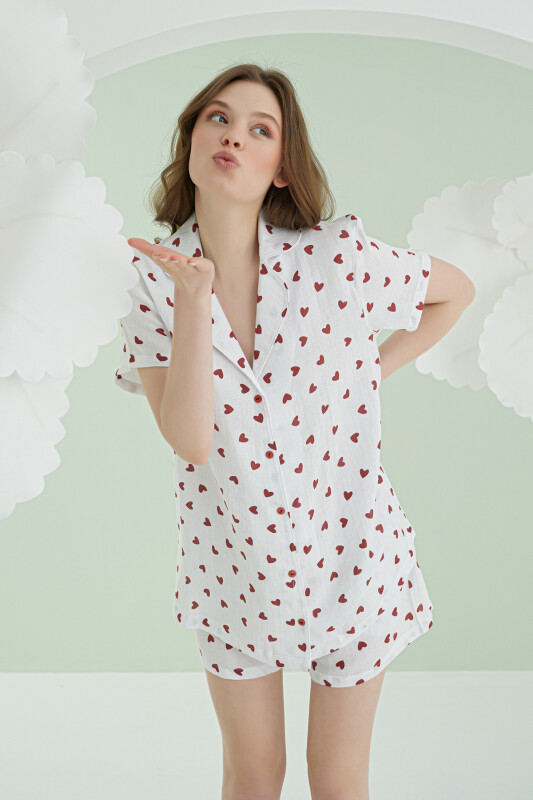 Ekru Kalpli Şortlu Önden Düğmeli Pijama Takımı - NBB