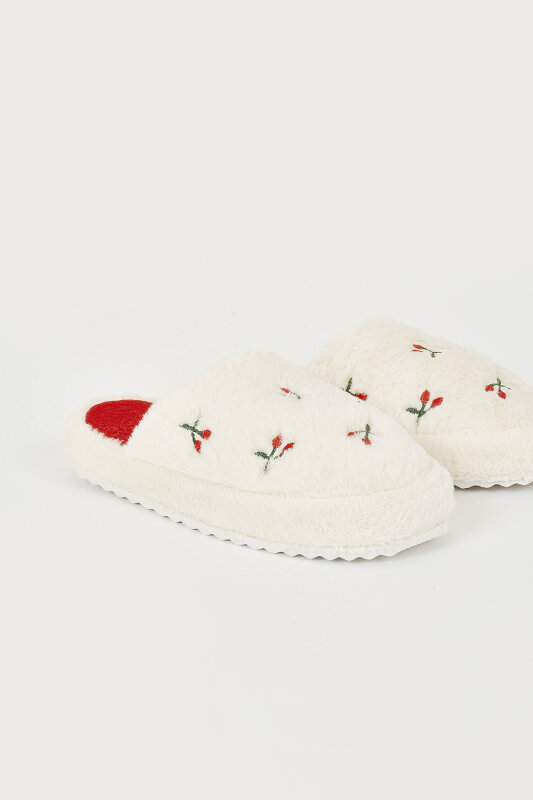 Ekru Kiraz Desenli Ev Terliği - NBB