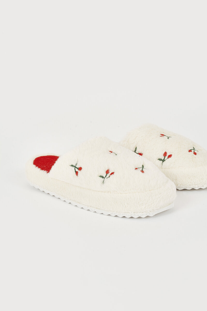 Ekru Kiraz Desenli Ev Terliği - 1