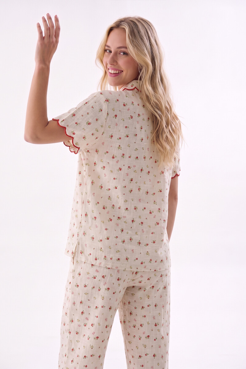 Ekru Küçük Çiçekli Önden Düğmeli Pijama Takımı - 2
