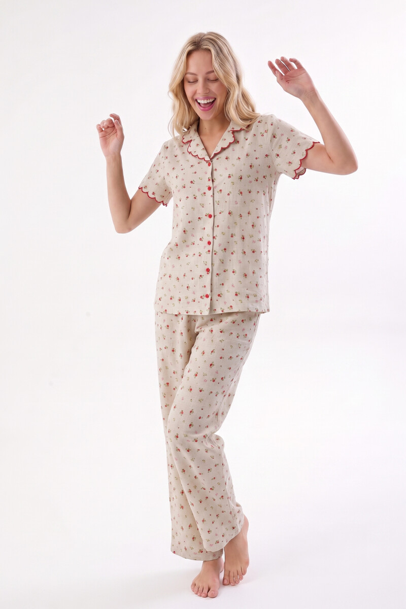 Ekru Küçük Çiçekli Önden Düğmeli Pijama Takımı - 1