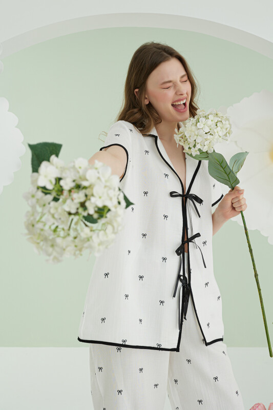 Ekru Kurdele Önden Bağlamalı Pijama Takımı - NBB