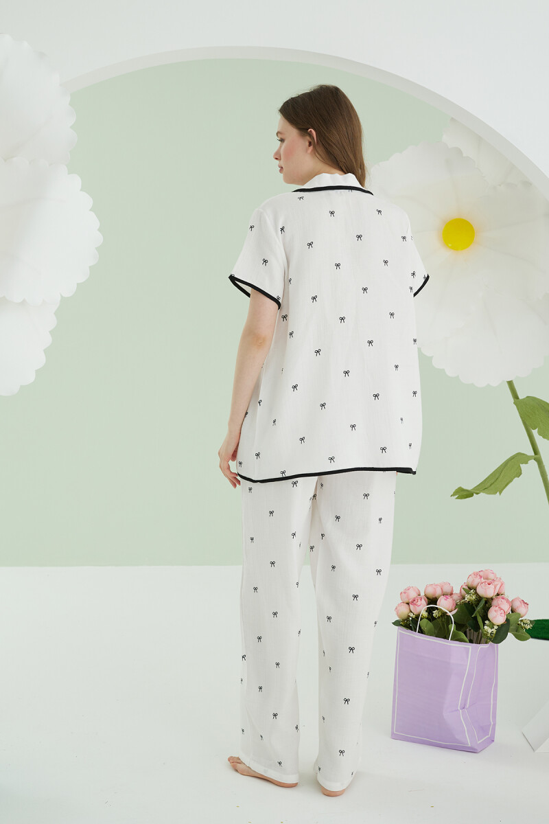 Ekru Kurdele Önden Bağlamalı Pijama Takımı - 4