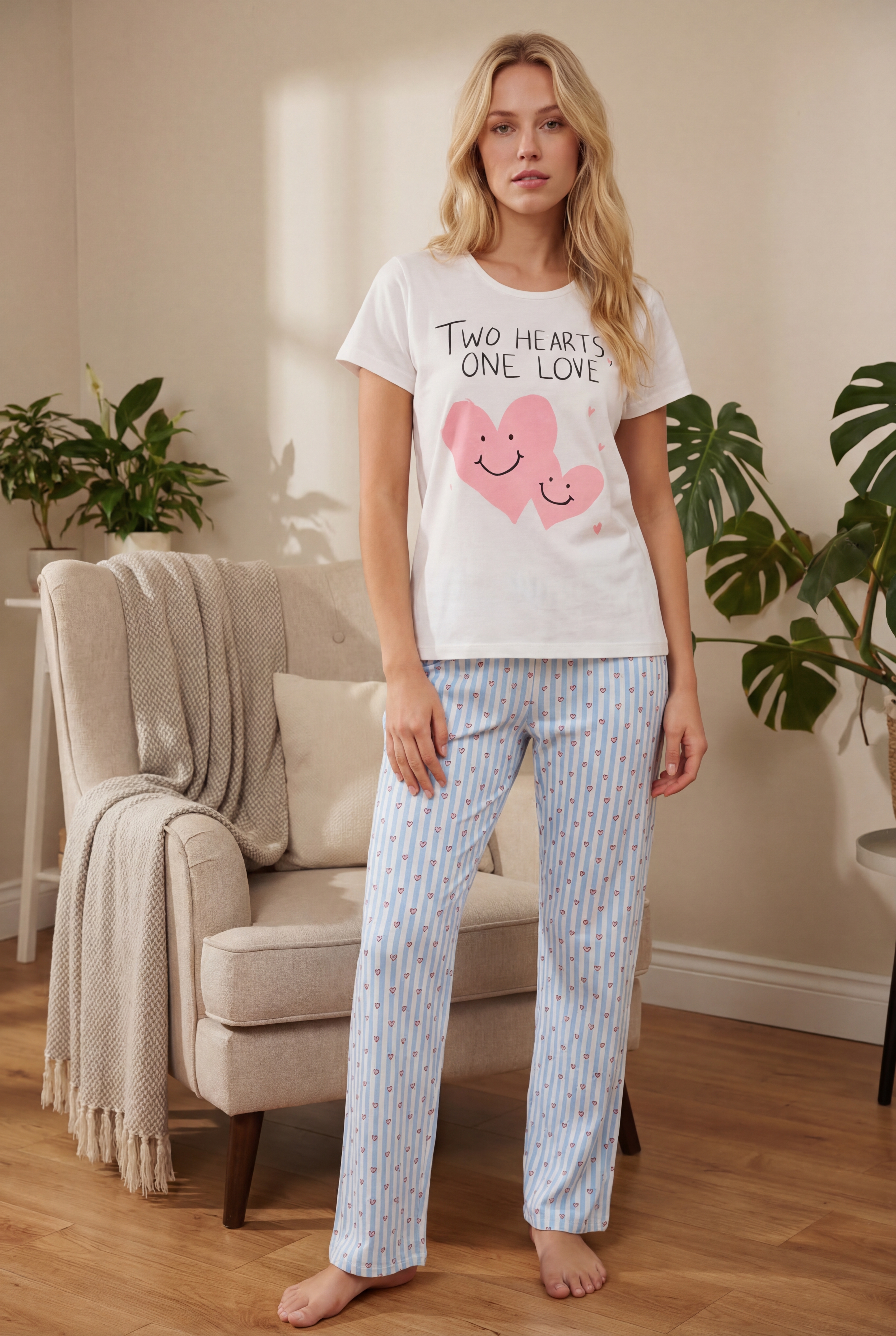Ekru Mavi Minik Kalpler Bisiklet Yaka Pijama Takımı - NBB