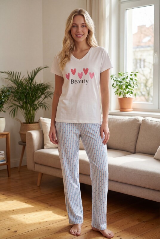 Ekru Mavi Minik Kalpler V Yaka Pijama Takımı - NBB