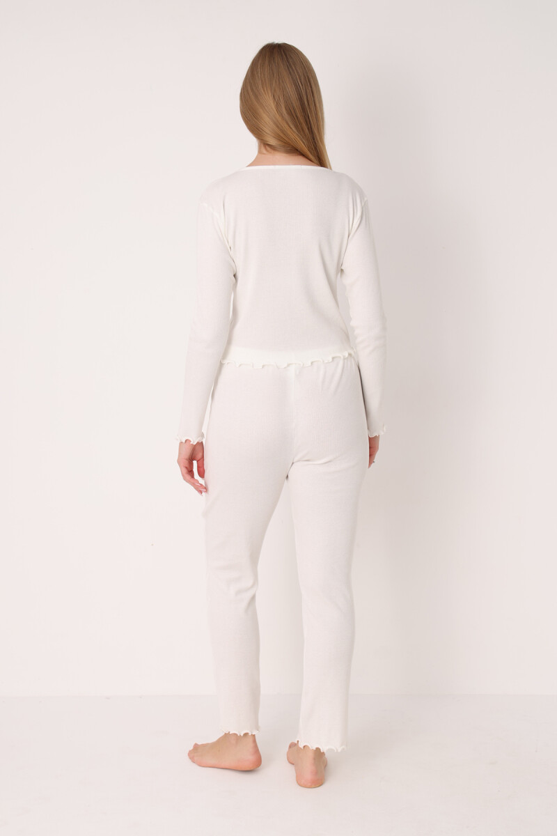 Ekru Önden Düğmeli Pijama Takımı - 3
