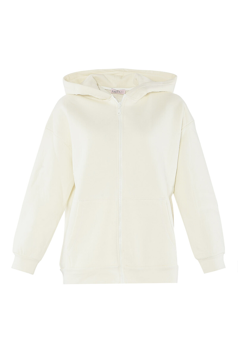 Ekru Oversize Basic Önden Fermuarlı Kapüşonlu Sweatshirt - 1