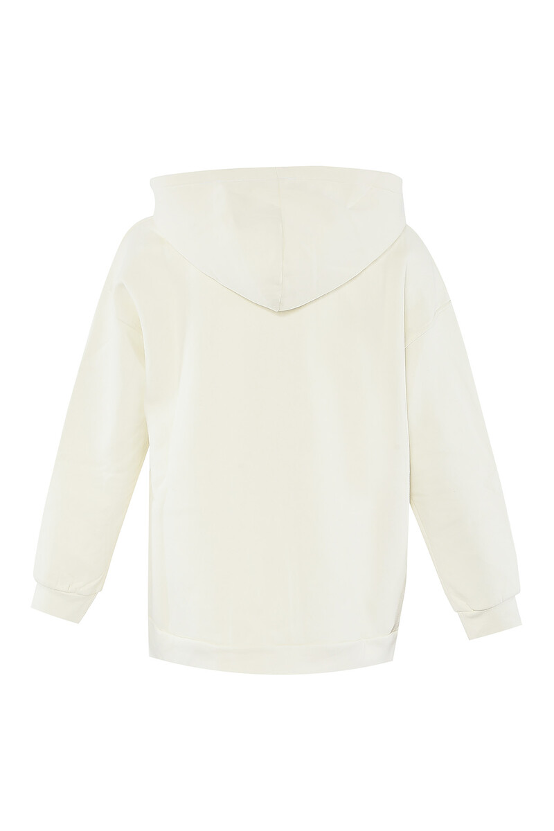 Ekru Oversize Basic Önden Fermuarlı Kapüşonlu Sweatshirt - 3