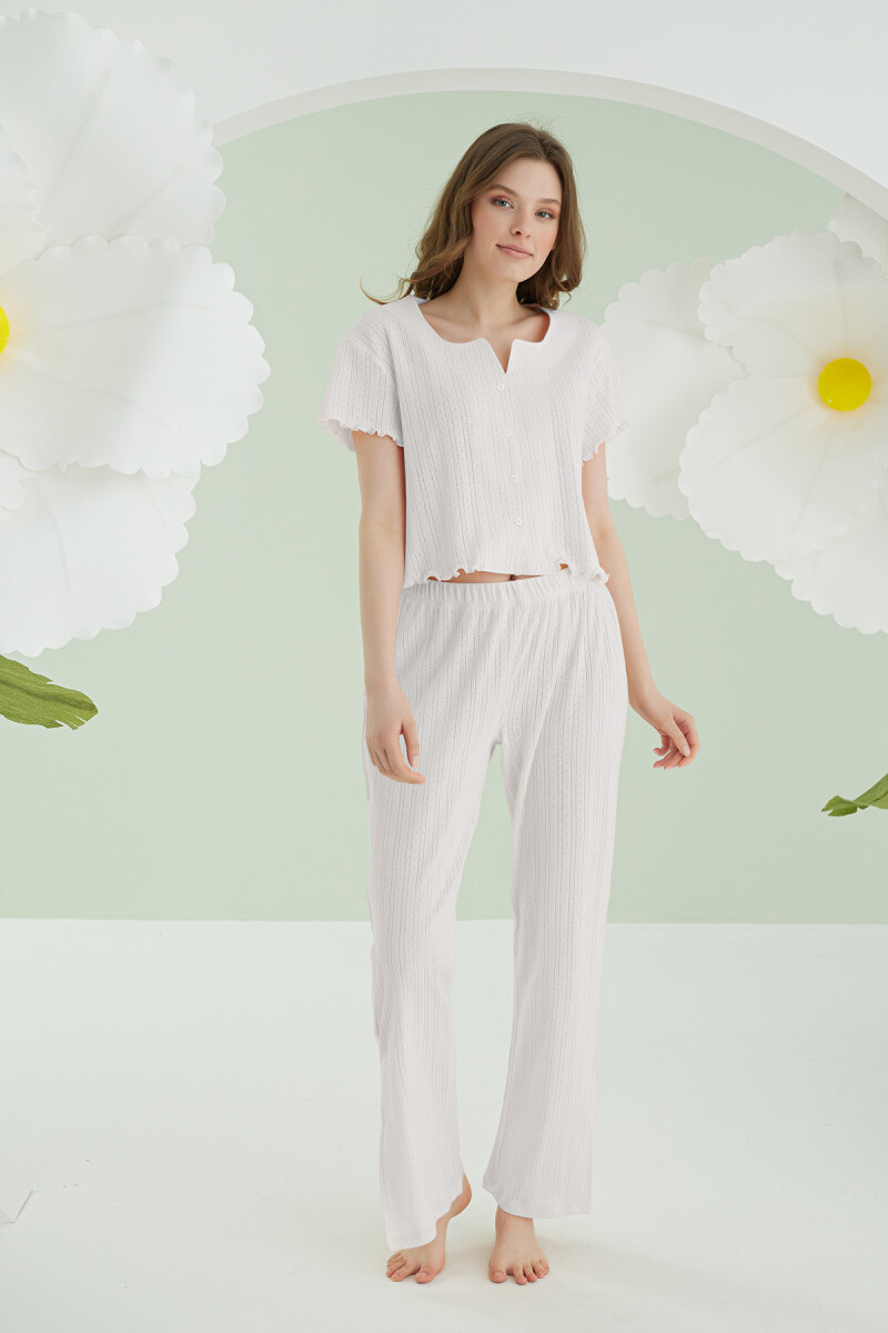 Ekru Patterned Önden Düğmeli Pijama Takım - 1