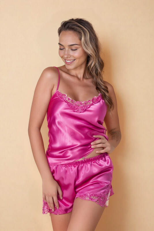 Fuşya Jumelles Şortlu Saten Gecelik Takımı 