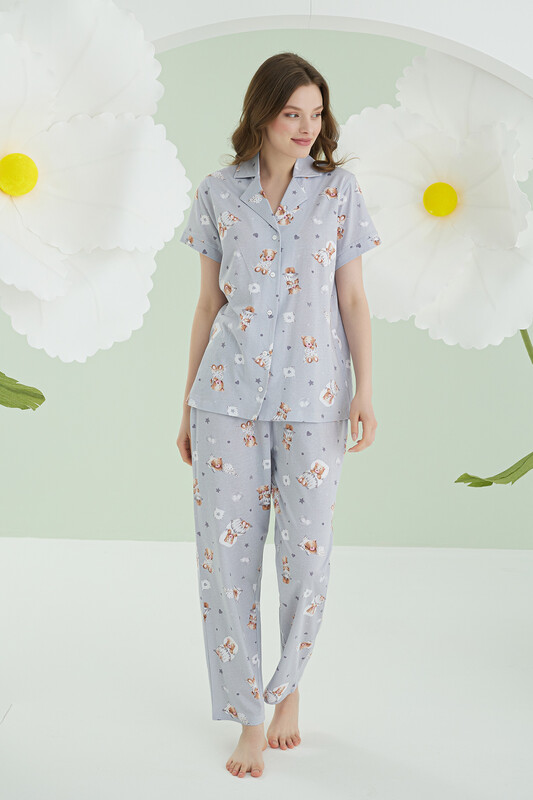 Gri Bear Heart Star Önden Düğmeli Pijama Takımı - Thumbnail