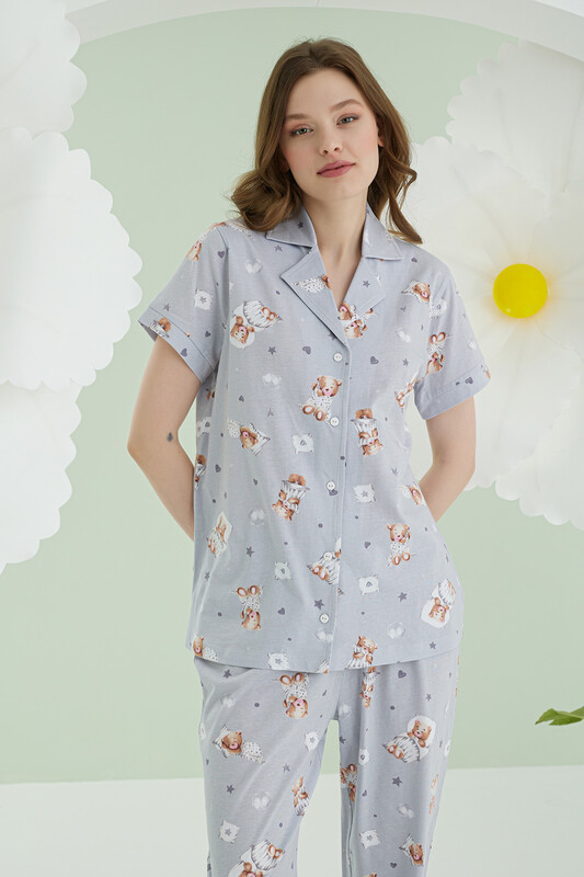 Gri Bear Heart Star Önden Düğmeli Pijama Takımı - Thumbnail