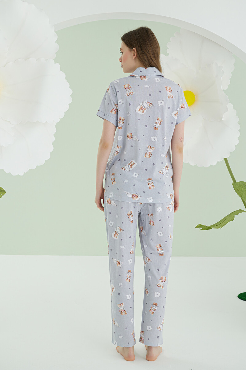 Gri Bear Heart Star Önden Düğmeli Pijama Takımı - 4
