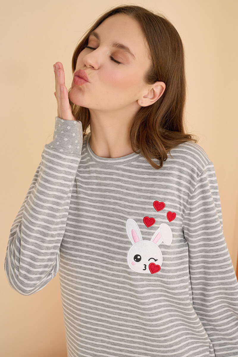 Gri Bunny Çizgili Pijama Takımı - 3