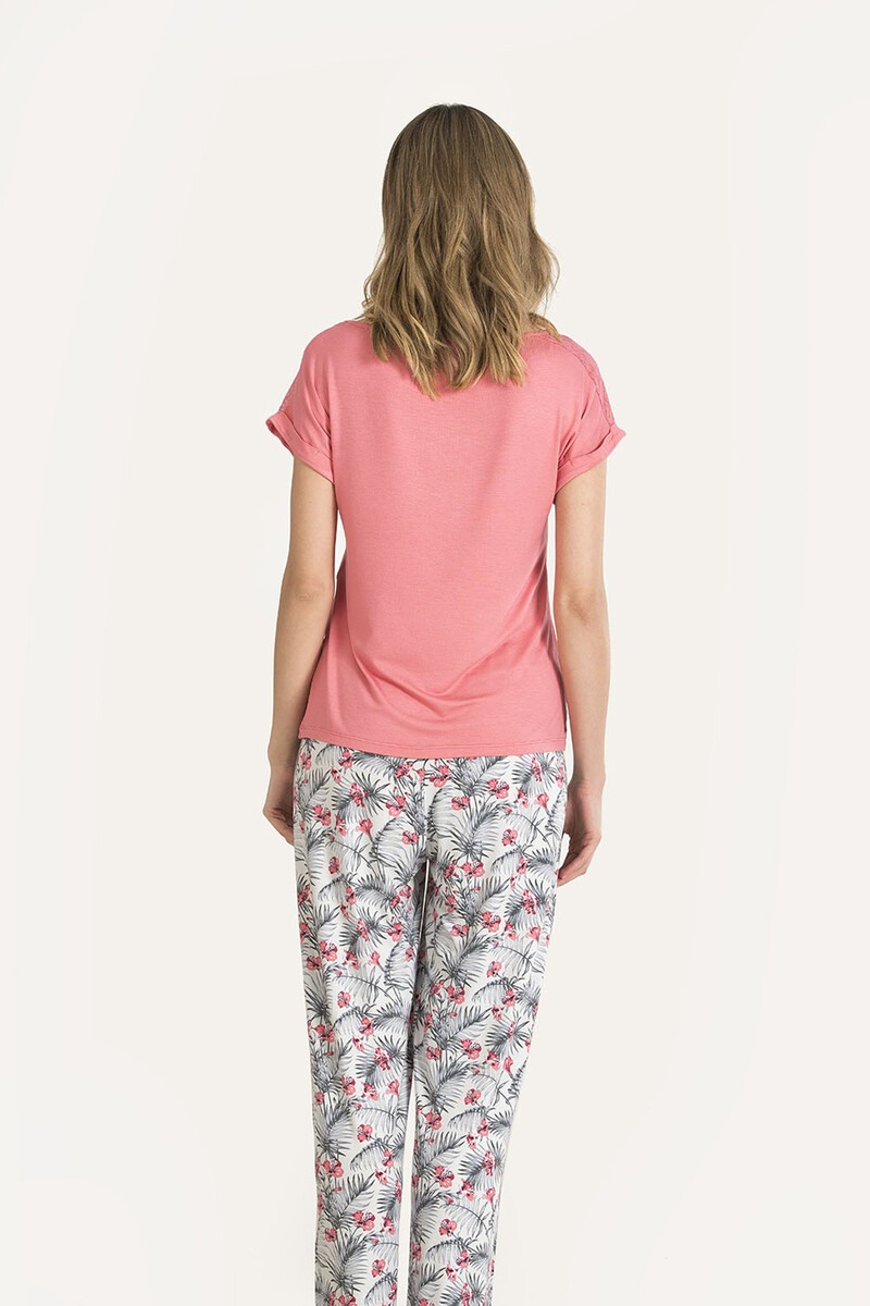 Gri Çiçek Desenli Pijama Takımı - 4