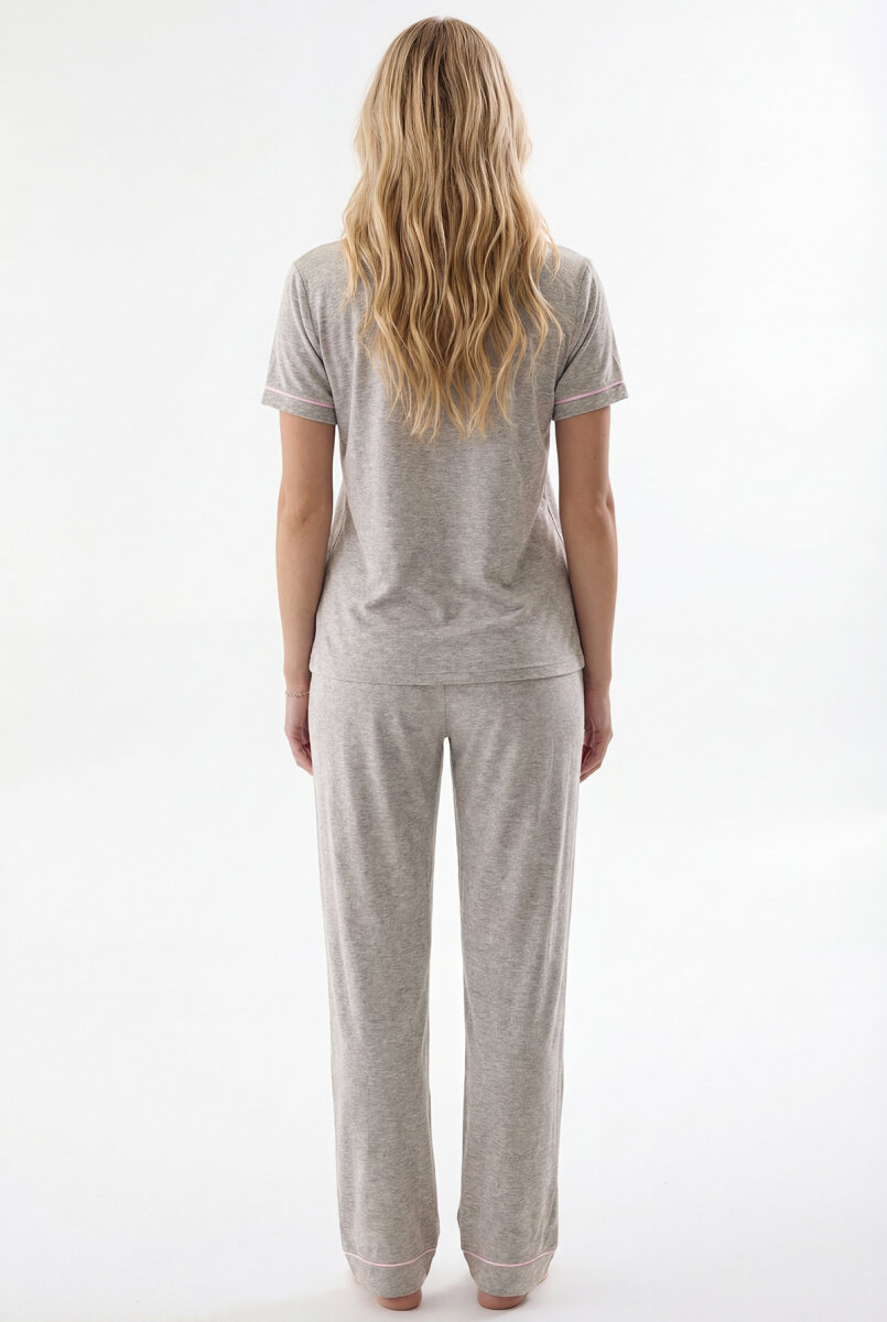 Gri Çizgi Detaylı Önden Düğmeli Pijama Takımı - 3