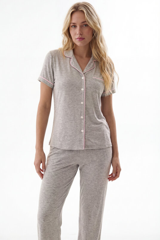 Gri Çizgi Detaylı Önden Düğmeli Pijama Takımı - NBB
