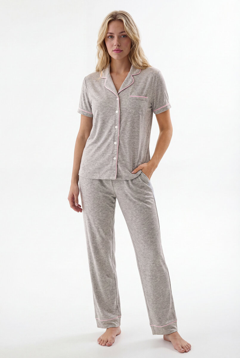 Gri Çizgi Detaylı Önden Düğmeli Pijama Takımı - 1