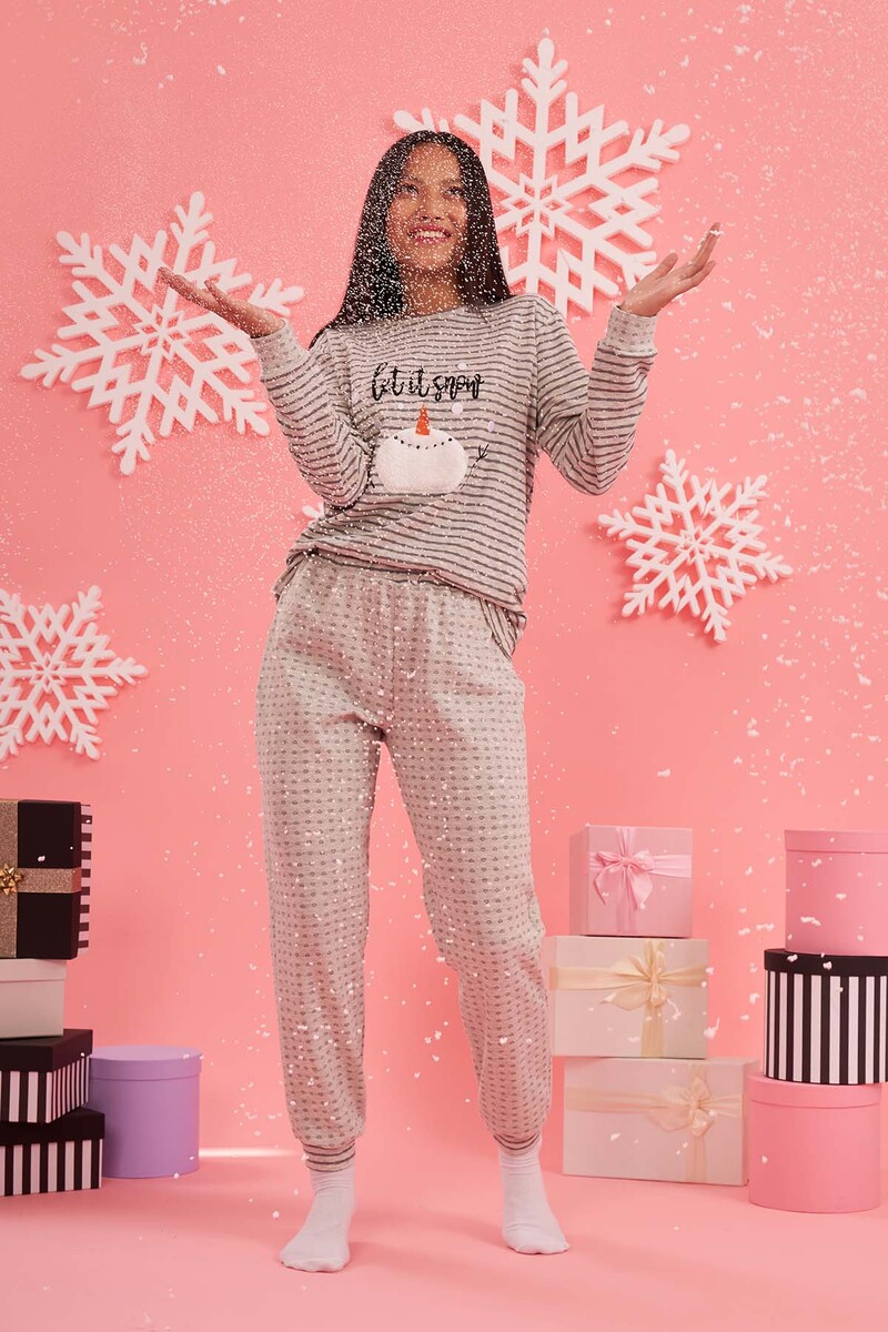 Gri Let it Snow Striped Pijama Takımı - 1