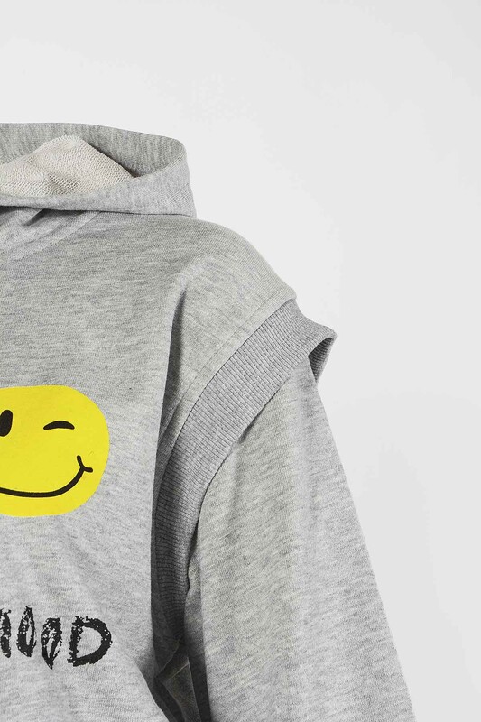 Gri Melanj Choose Your Mood Kapüşonlu Crop Sweatshirt - Thumbnail