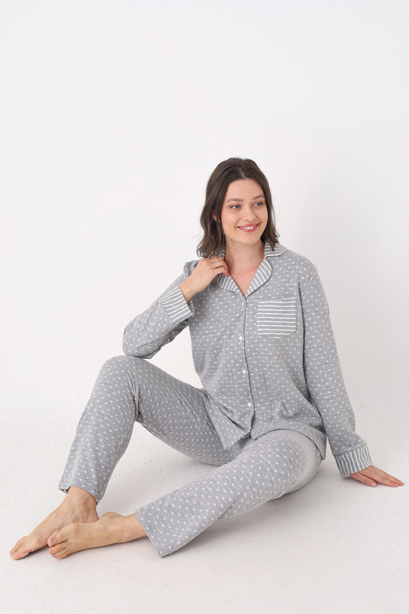 Gri Önden Düğmeli Pijama Takım - 3