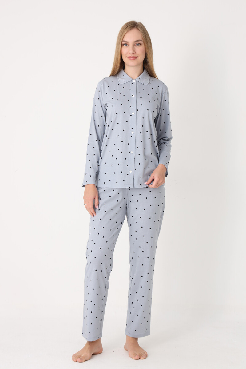 Gri Polka Dot Önden Düğmeli Pijama Takım - 1