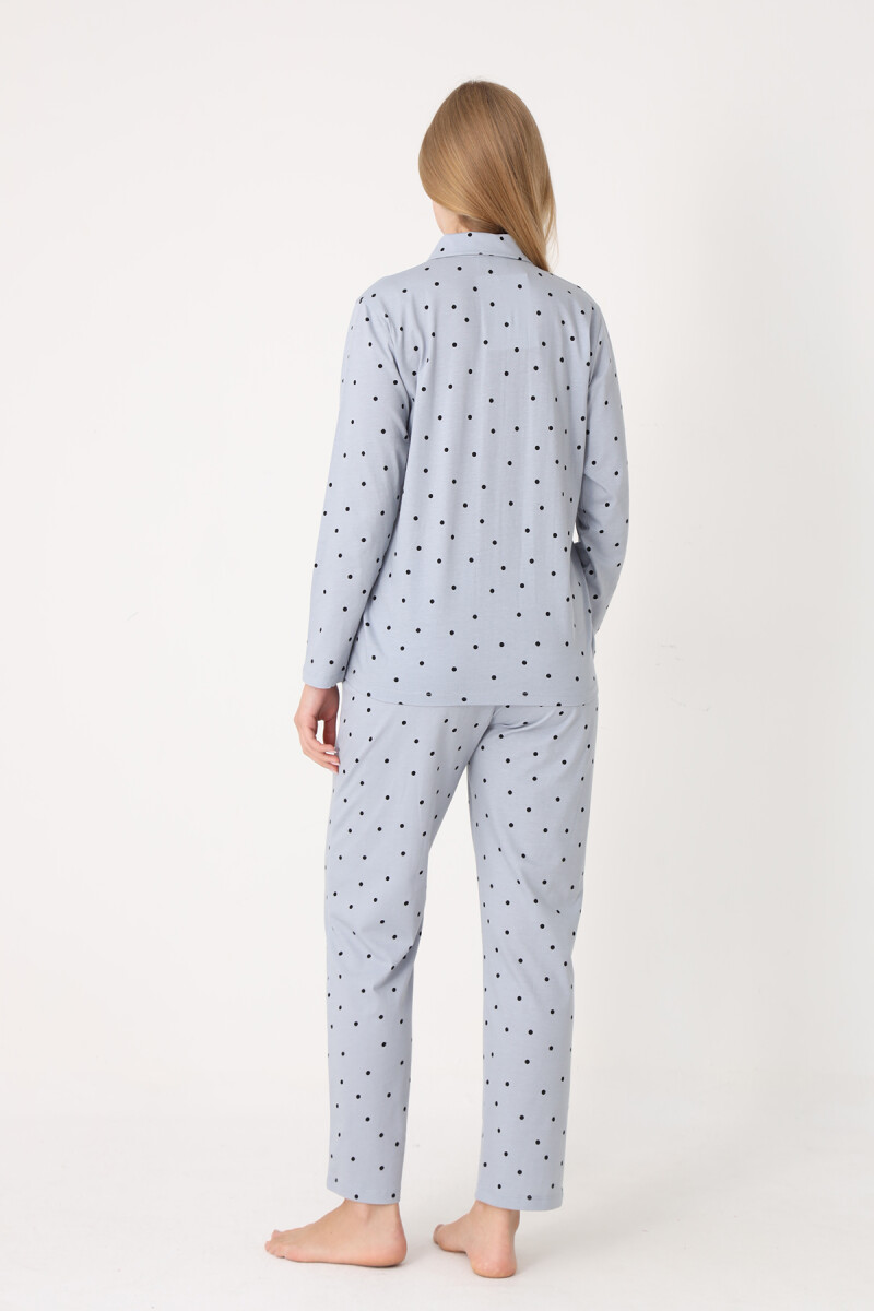 Gri Polka Dot Önden Düğmeli Pijama Takım - 2