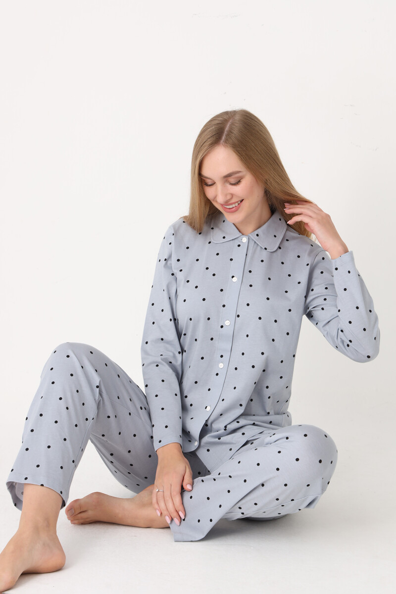 Gri Polka Dot Önden Düğmeli Pijama Takım - 3