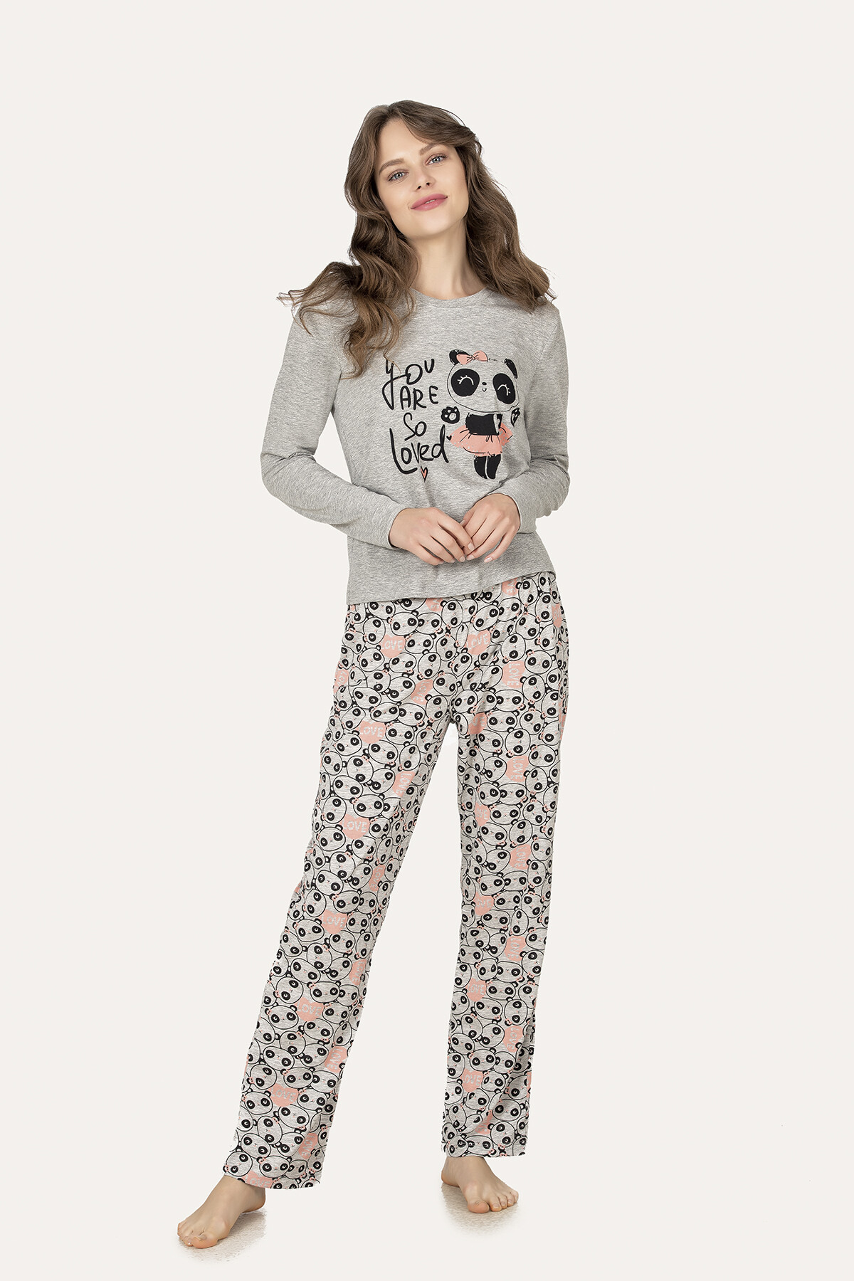 Gri Somon Panda Desenli Pijama Takımı