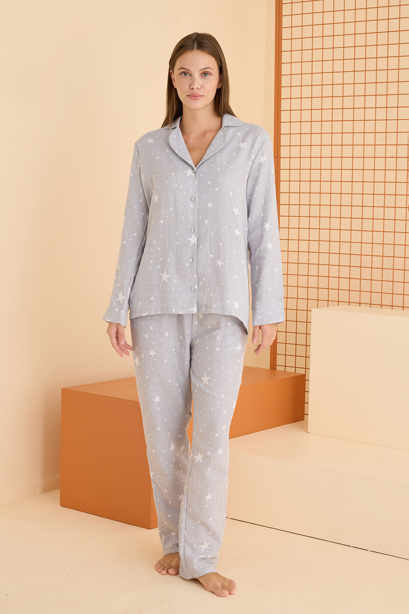 Gri Star Önden Düğmeli Pijama Takımı - 2