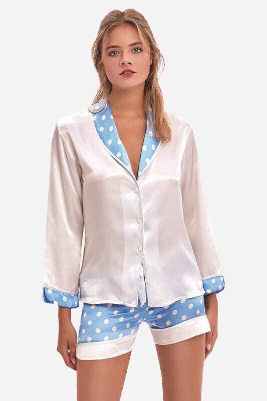 İnci Rengi Şortlu Saten Pijama Takımı - 1