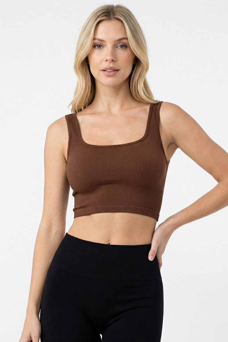 Kahverengi Kare Yaka Dikişsiz Crop Body - 1