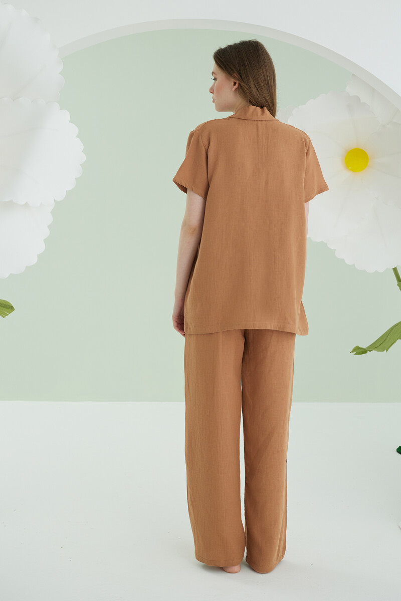 Kahverengi Nakışlı Müslin Önden Düğmeli Pijama Takım - 3