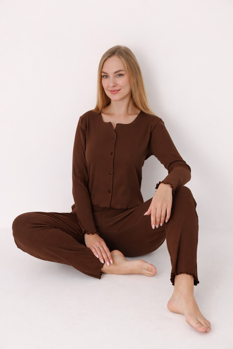 Kahverengi Önden Düğmeli Pijama Takımı - 1