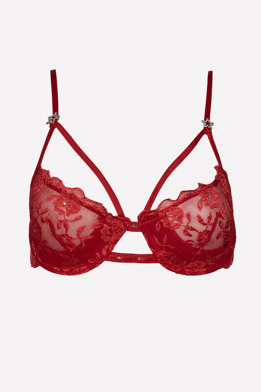 Kırmızı Taşlı Dantel Sütyen Külot Takım - NBB