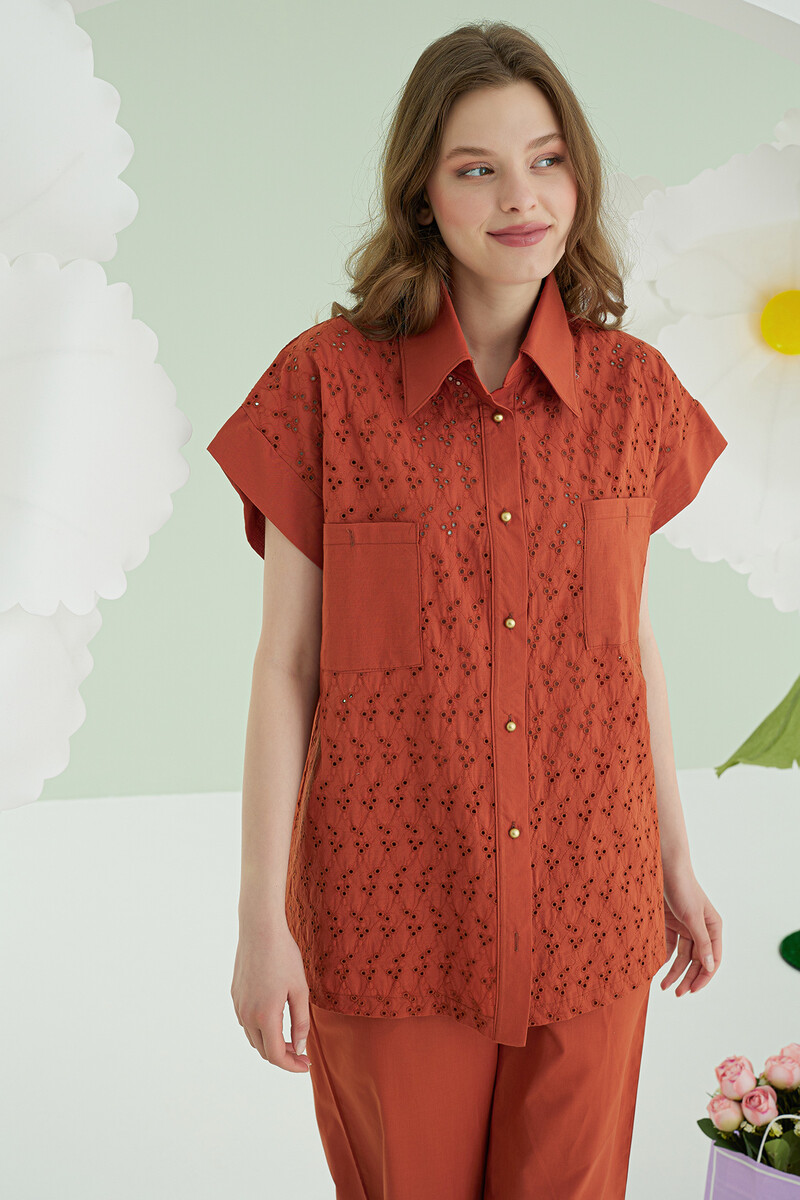 Kiremit Hole Önden Düğmeli Pijama Takımı - 3
