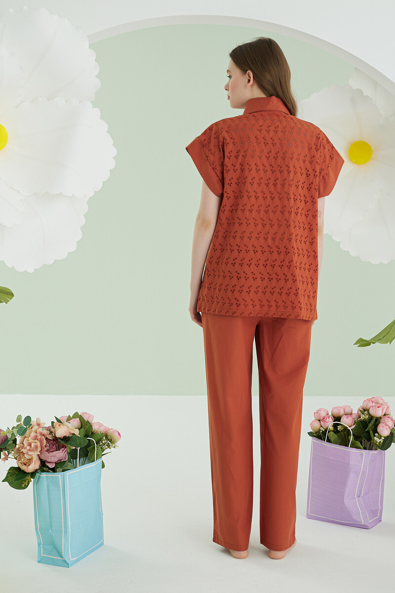 Kiremit Hole Önden Düğmeli Pijama Takımı - 4