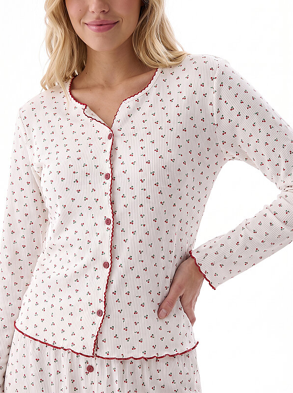 Kiremit Kirazlı Önden Düğmeli Pijama Takımı - NBB