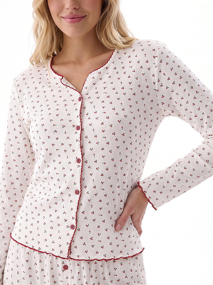 Kiremit Kirazlı Önden Düğmeli Pijama Takımı - 7
