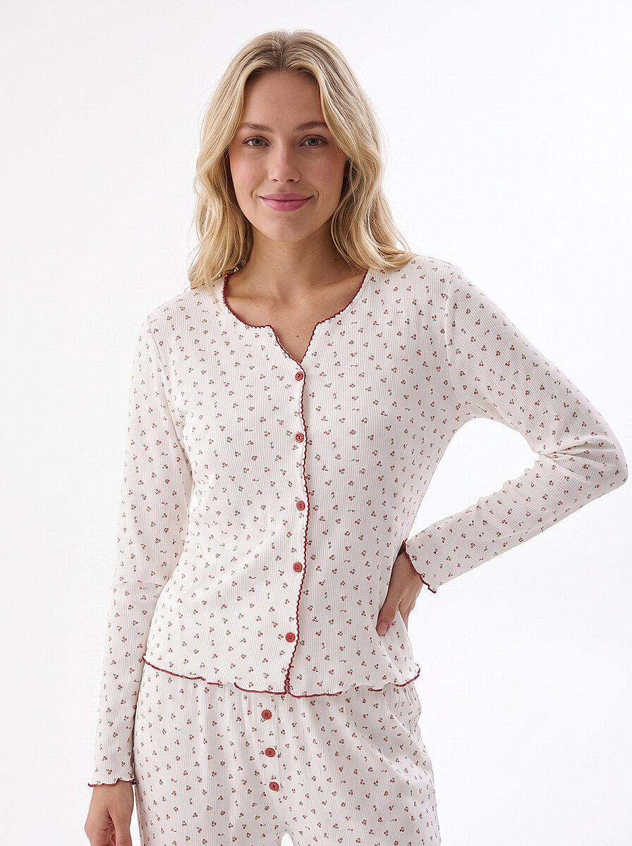 Kiremit Kirazlı Önden Düğmeli Pijama Takımı - 6