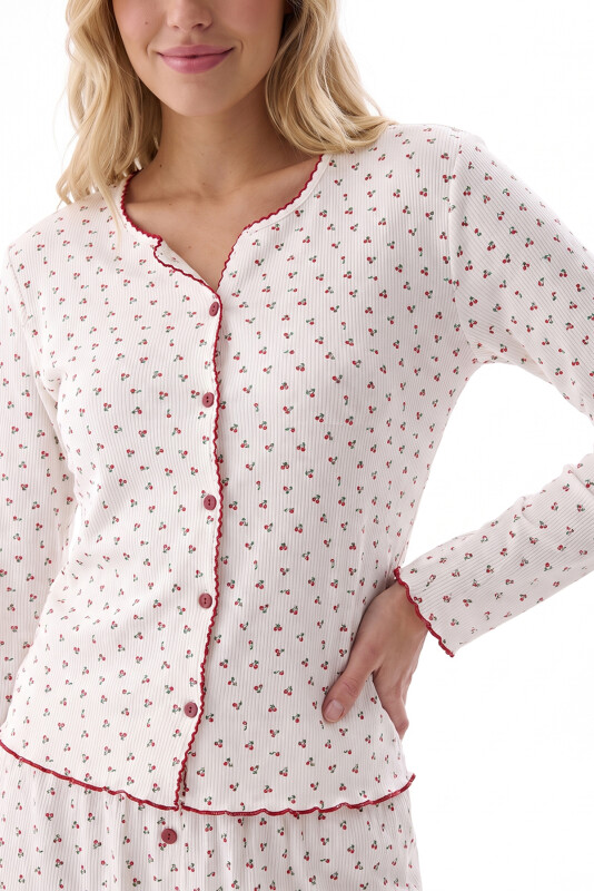 Kiremit Kirazlı Önden Düğmeli Pijama Takımı - NBB