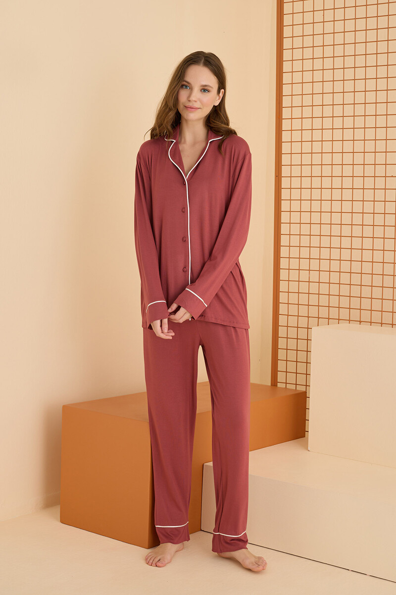 Kiremit Viskon Önden Düğmeli Pijama Takımı - 1