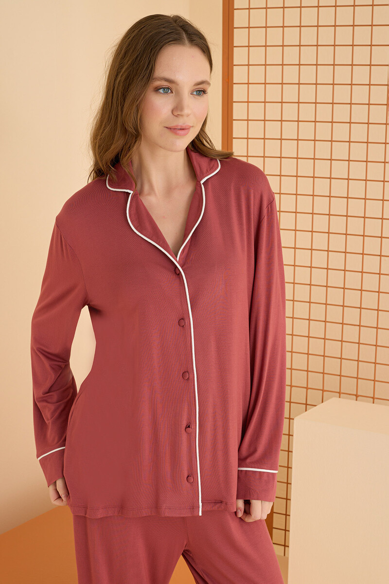 Kiremit Viskon Önden Düğmeli Pijama Takımı - 3