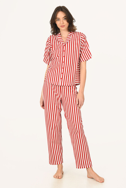 Kırmızı Beyaz Çizgili Gömlek Pijama Takım - NBB