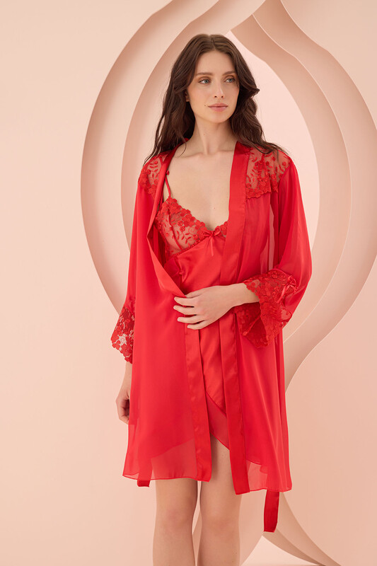 Kırmızı Fantezi Saten Gecelik Sabahlık Takım - NBB