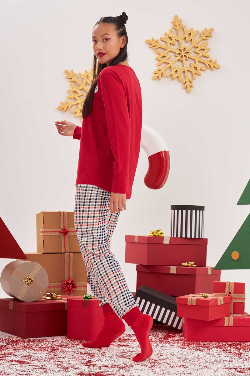 Kırmızı Kaşkorse Düğmeli Pijama Takımı - 2