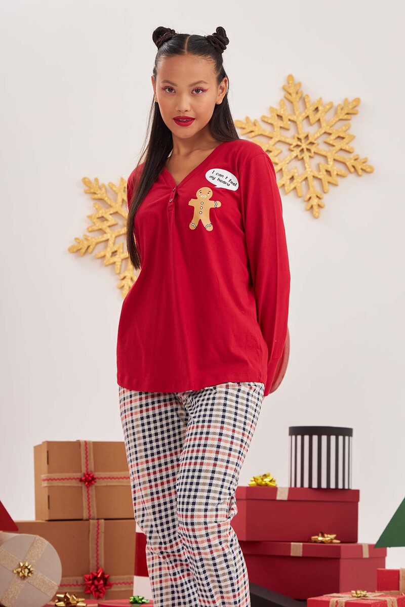 Kırmızı Kaşkorse Düğmeli Pijama Takımı - 3