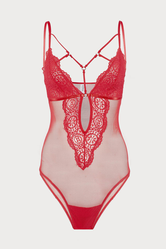Kırmızı Alanis Dantelli Tül Body - LOYA